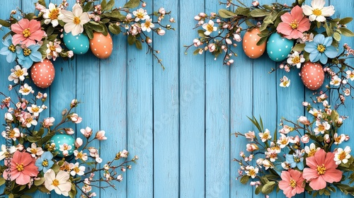 Colorful Spring Decor with Easter Eggs and Flowers on Wooden Blue Background for Seasonal Celebrations and Events