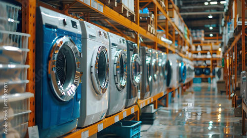 A number of modern washing machines are in stock ready for shipment. The concept of production of household appliances.