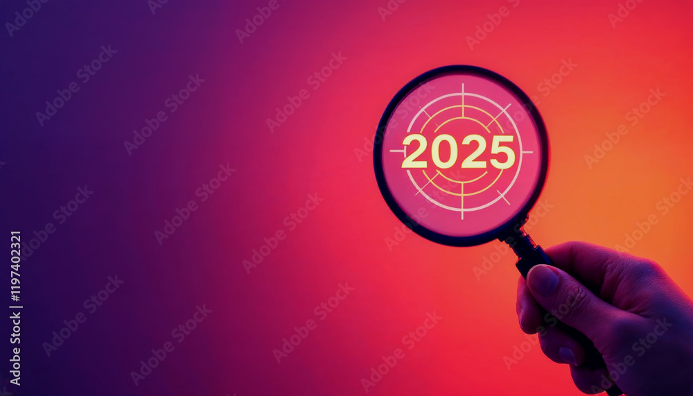 Hand holding magnifying glass focused on 2025 for future planning Hand holding magnifying glass focused on 2025 for future planning