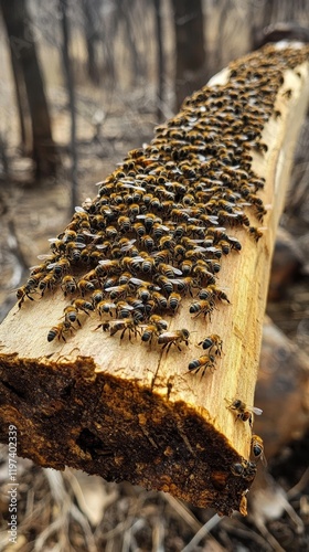 Swarm of bees gathering on a weathered log in a natural setting during daylight