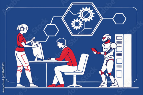 Humans and robots working together, office setting, blue background, flat illustration style, minimalist design, collaborative workspace, AI and human interaction, futuristic workplace, contrasting re