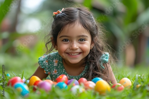 Joyful child playing in the grass surrounded by colorful Easter eggs during a...