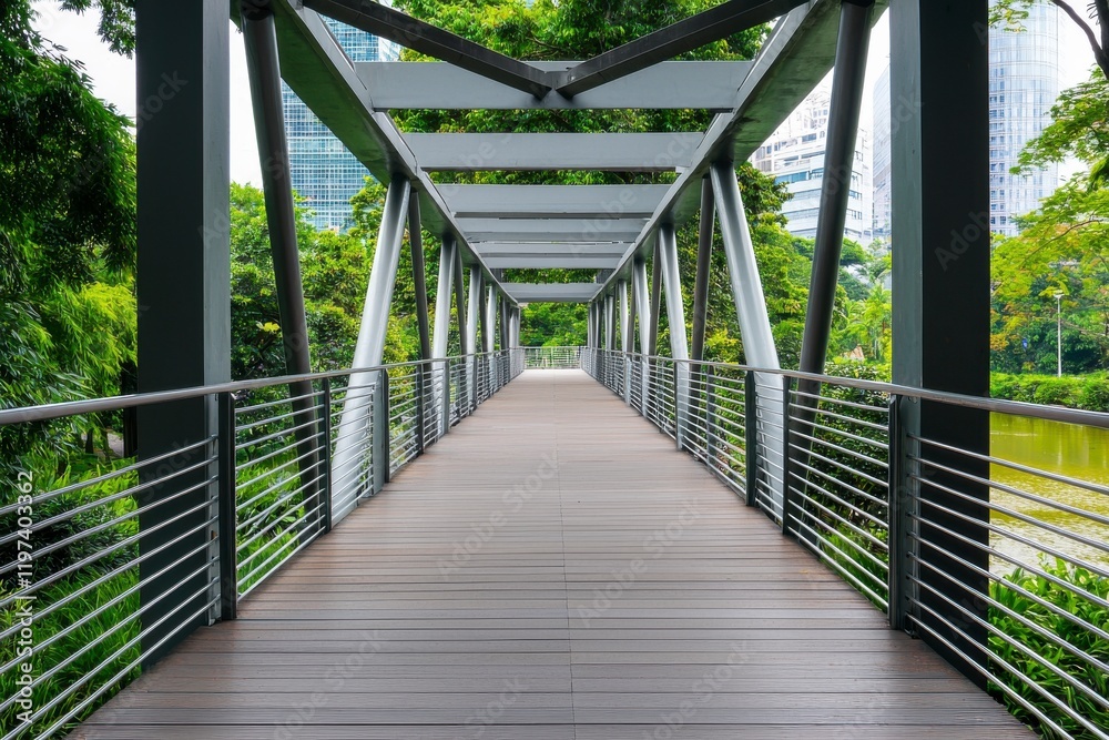 Serene Walkway Surrounded by Lush Greenery on a Beautiful Day in an Urban Park with Modern Architectural Design Elements