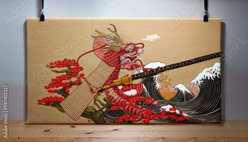 Traditional samurai canvas painting, hanging wall decoration, frameless, multi-purpose home decoration, cloth material. photo