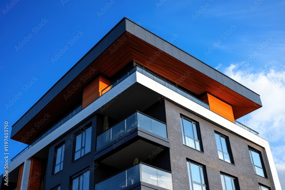 A tall apartment building with many balconies under a blue sky A tall apartment building with many balconies under a blue sky