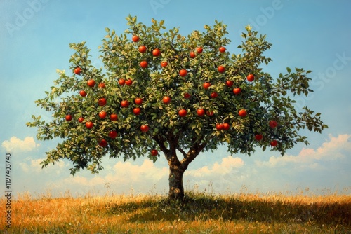 Vibrant apple tree full of ripe fruit in a sunny orchard during late summer