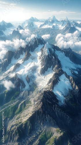 Breathtaking aerial view of a plane flying over majestic green mountains in t...