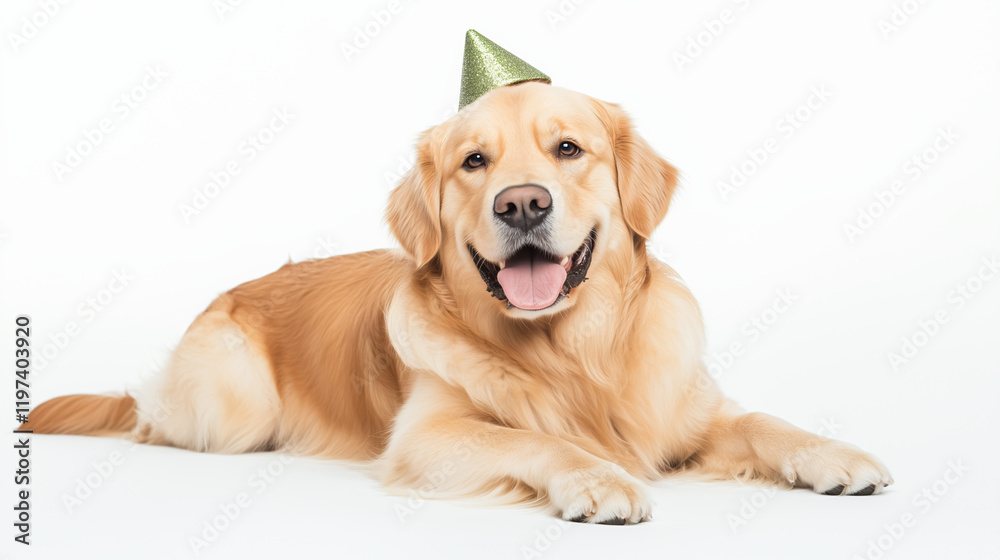 Golden Retriever Birthday: A cheerful golden retriever lies down, wearing a festive party hat, radiating happiness and joy. This adorable image is perfect for birthday cards, pet-related products. Golden Retriever Birthday: A cheerful golden retriever lies down, wearing a festive party hat, radiating happiness and joy. This adorable image is perfect for birthday cards, pet-related products.