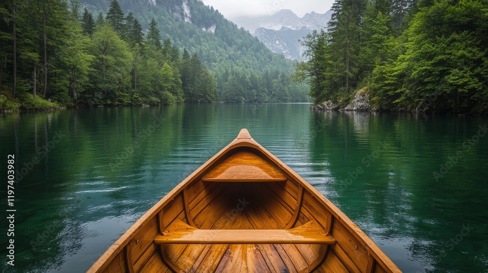 Majestic canoe trip on a tranquil lake surrounded by mountains and pine trees Majestic canoe trip on a tranquil lake surrounded by mountains and pine trees