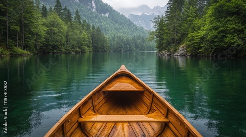 Majestic canoe trip on a tranquil lake surrounded by mountains and pine trees