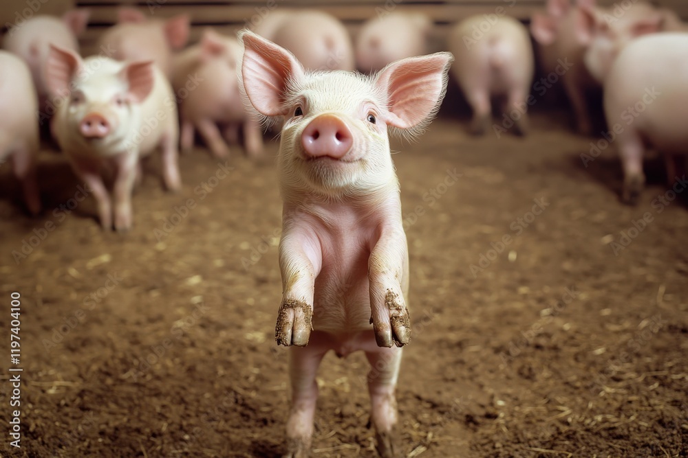 A pig is comfortably sitting on the ground and is looking at the camera A pig is comfortably sitting on the ground and is looking at the camera