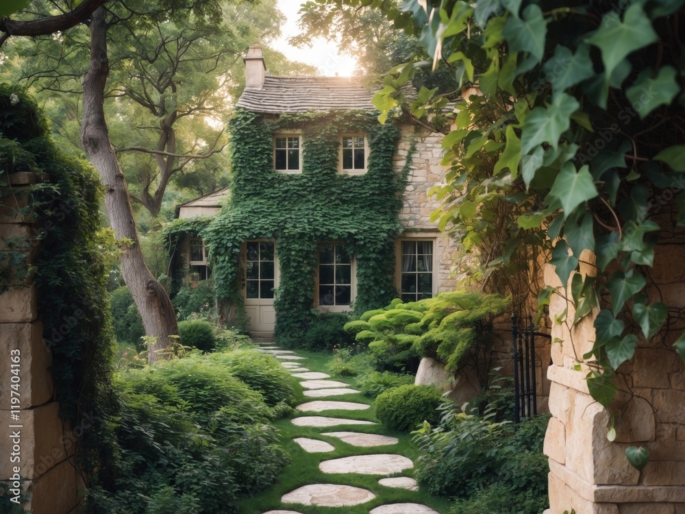 Stone Path Leading to Ivy Covered Stone House Lush Green Garden Entrance Stone Path Leading to Ivy Covered Stone House Lush Green Garden Entrance