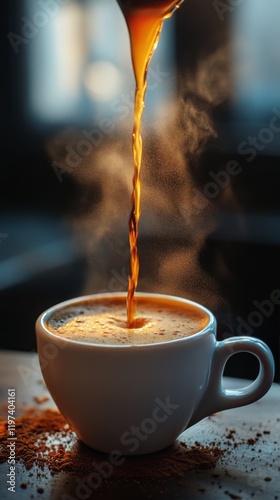 Pouring hot coffee into a white cup with steam rising in a cozy setting