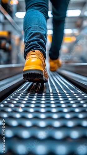 Individual walking on a moving walkway in a modern indoor space during daytime