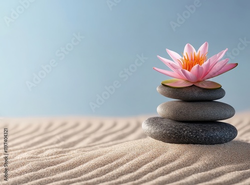 A pink lotus flower sits on a pile of rocks on a beach