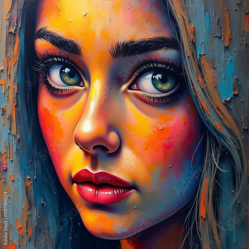 Vibrant Abstract Portrait of Woman with Expressive Eyes in Multicolored Texture, Colorful abstract painting showcasing a woman's face with green eyes, expressive features, and textured multicolored st
