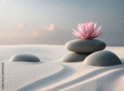 A pink lotus flower sits on a pile of rocks on a beach