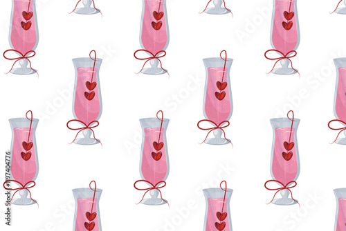 seamless pattern with tall glasses with pink drink and berries in the shape of hearts and bubbles, for festive textiles, packaging or banners