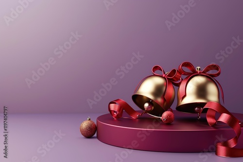 pair of Huge glossy shiny 3d golden Christian Christmas jingle bells with red ribbons patterns,Wreath-shaped Christmas jingle bellsred podium, pale violet background photo