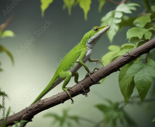 A green anole perched on a branch with leaves, branch, anoles, amphibians