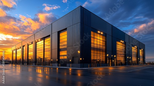 Modern industrial building with large windows at sunset showcasing vibrant co...