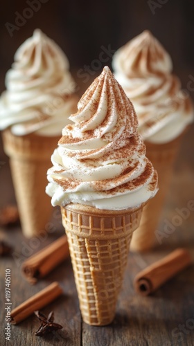 Delicious ice cream cones topped with whipped cream and spices on a rustic wo...