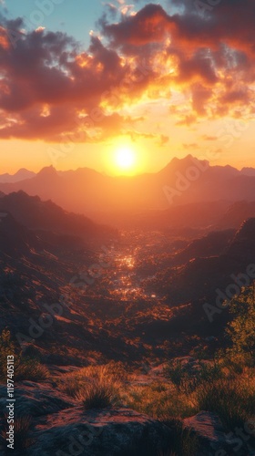 Sun setting over mountain range creating a vibrant skyline at dusk