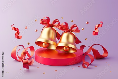 pair of Huge glossy shiny 3d golden Christian Christmas jingle bells with red ribbons patterns,jingle bells on a holiday bannerred podium, pale violet background photo