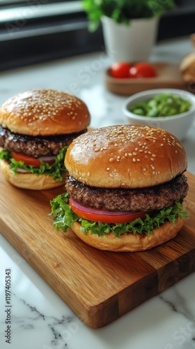 Tasty burgers served on a wooden board against a vibrant red background in a ...
