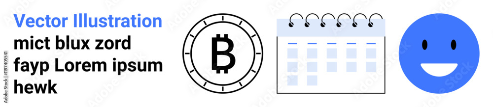 Fototapeta premium Bitcoin symbol inside a circle, a spiral-bound calendar, and a blue happy face next to black text. Ideal for technology, cryptocurrency, finance, planning, organization, scheduling, happiness