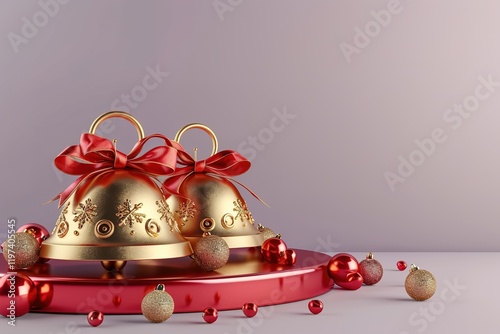 pair of Huge glossy shiny 3d golden Christian Christmas jingle bells with red ribbons patterns,jingle bells on a holiday bannerred podium, pale violet background photo