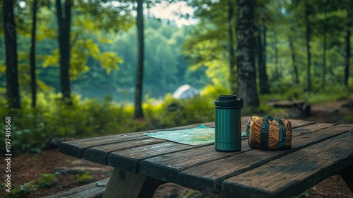 Camping setup in a forest with tents and equipment during a misty morning