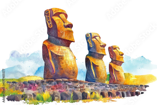 PNG Moai on Easter Island landmarks illustration watercolor. photo