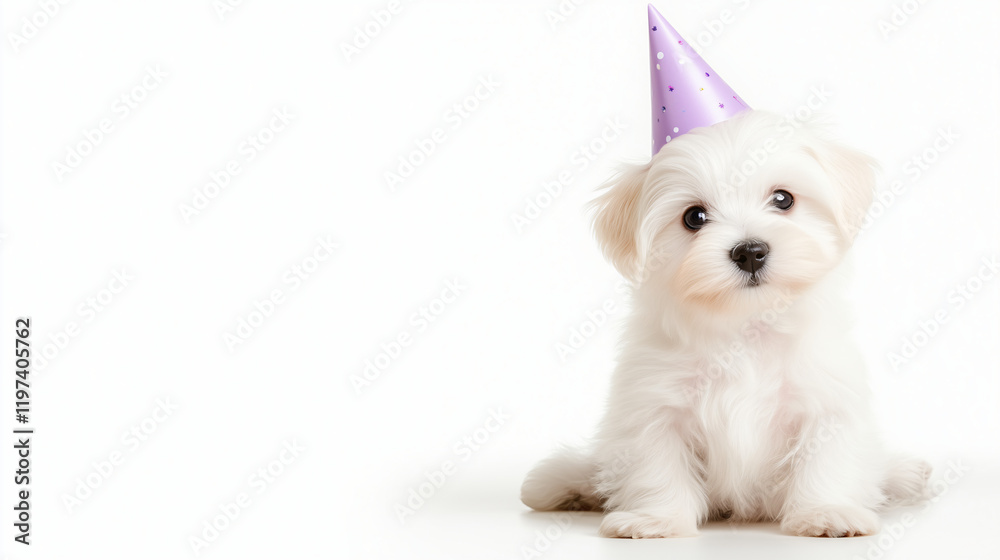 Obraz premium Adorable Puppy in Party Hat: A fluffy white puppy, possibly a Maltese, sits wearing a lavender party hat, looking sweetly at the camera.