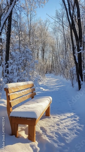 Winter sunset casts golden light on a snowy bench in a tranquil forest setting