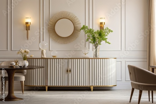 Elegant interior design featuring a stylish sideboard and modern decor