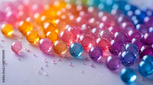 Colorful water beads in pink and blue arranged closely, showcasing texture an...
