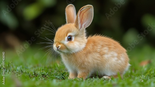 Small rabbit exploring green grass in a sunny park during late afternoon