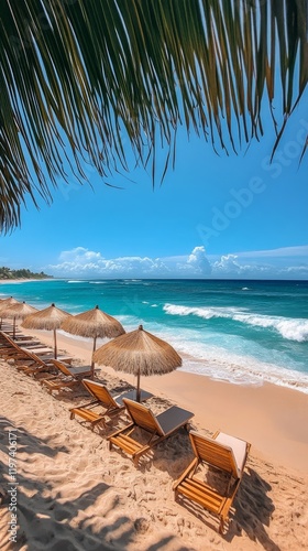 Relaxing beach chairs under umbrellas on a sunny tropical shore