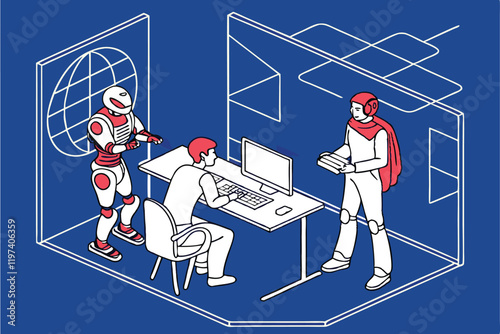 Humans and robots working together, office setting, blue background, flat illustration style, minimalist design, collaborative workspace, AI and human interaction, futuristic workplace, contrasting re