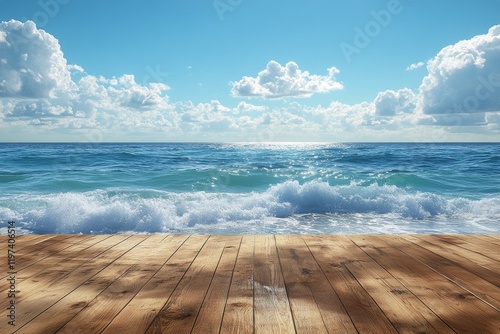 Waves crashing against a wooden dock under a bright blue sky on a sunny day