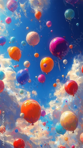 Colorful hot air balloons fill the sky at a vibrant festival amid clear blue ...