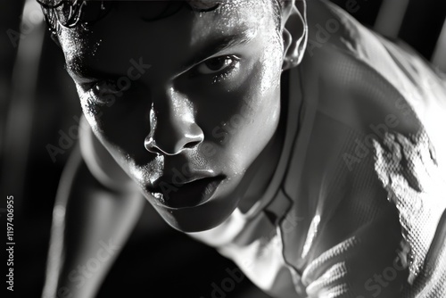 Intense close-up of a swimmer focusing before the dive in a training session ...