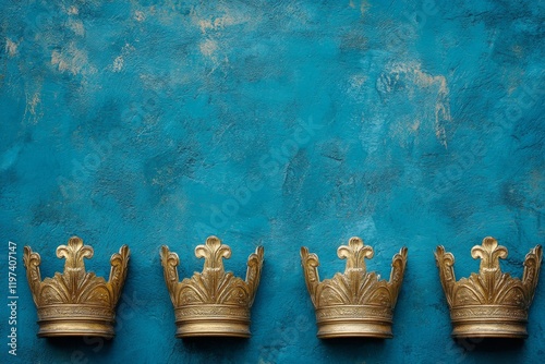 Golden crowns arranged elegantly on a blue textured background for decor or d...