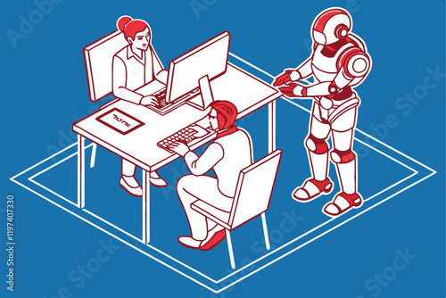 Humans and robots working together, office setting, blue background, flat illustration style, minimalist design, collaborative workspace, AI and human interaction, futuristic workplace, contrasting re