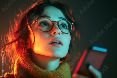 Young woman with glasses engaged with smartphone against textured gray wall