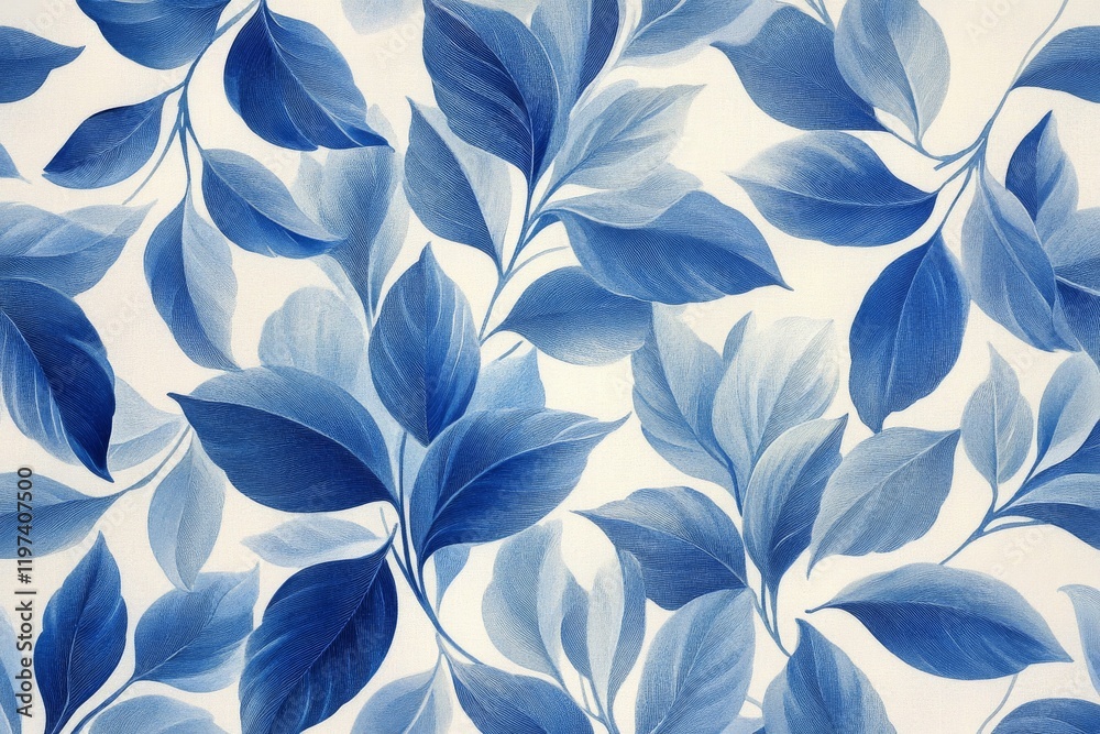 Fototapeta premium Blue background with delicate white and light blue leaf patterns creating a calming atmosphere