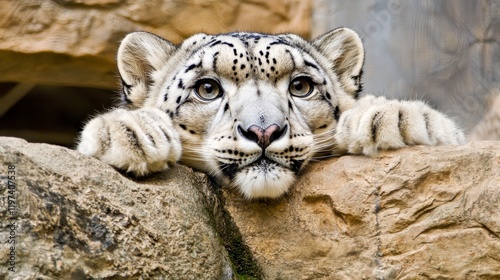 Close-Up Portrait of a Snow Leopard Resting on a Rock, Showcasing Its Striking Features and Unique Spots in an Intimate Wildlife Setting