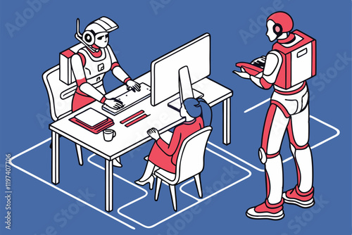 Humans and robots working together, office setting, blue background, flat illustration style, minimalist design, collaborative workspace, AI and human interaction, futuristic workplace, contrasting re