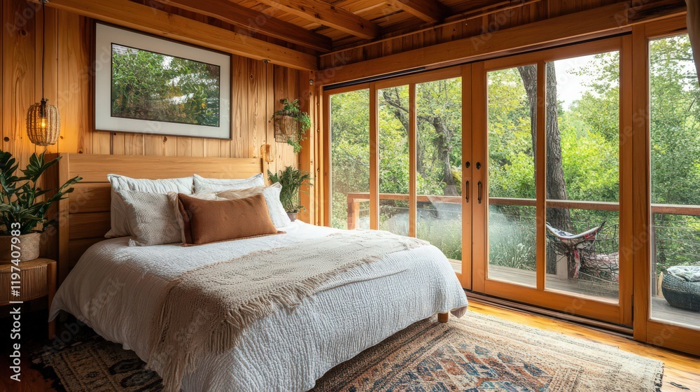 Fototapeta premium A cozy bedroom with warm wood accents, soft textiles, and a large window offering a garden view.